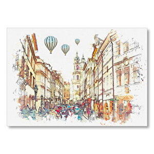 Eski Binalar Ve Sıcak Hava Balonları  Mdf Ahşap Tablo 50x70 cm