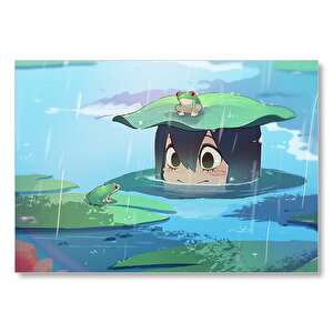 Göldeki Kız Nilüfer Yaprakları Ve Kurbağalar  Mdf Ahşap Tablo 35x50 cm