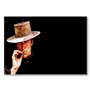 Clint Eastwood Karanlık Arkaplan Şapkalı Sigaralı  Mdf Ahşap Tablo 25x35 cm