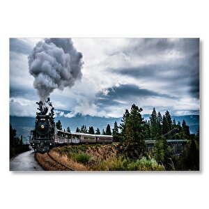 Kıvrılarak İlerleyen Kara Tren Ve Dumanı  Mdf Ahşap Tablo 50x70 cm