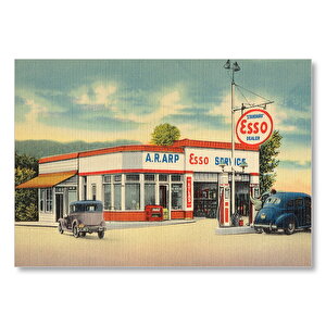 1930lar Amerika Benzin İstasyonu  Mdf Ahşap Tablo 35x50 cm