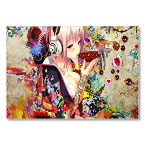 Anime Kulaklıklı Genç Kız Çay İçiyor  Mdf Ahşap Tablo 35x50 cm