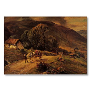 Kulübe Ağaçlar Dağlar Ve At Arabası  Mdf Ahşap Tablo 25x35 cm