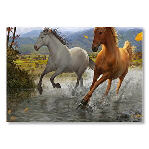 Kahverengi Ve Beyaz Koşan Atlar Çizim  Mdf Ahşap Tablo 25x35 cm