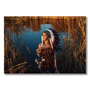 Kızılderili Kostümlü Kadın Göl Ve Sazlıklar  Mdf Ahşap Tablo 50x70 cm