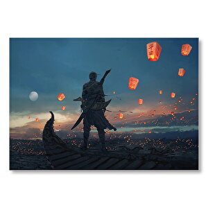 Kayıktaki Savaşçı Ve Uçan Fenerler  Mdf Ahşap Tablo 50x70 cm