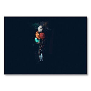 Uzayda Astronot Ve Uçan Balon Gezegenleri  Mdf Ahşap Tablo 35x50 cm