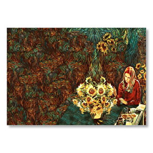 Ayçiçekleri Ve Masada Genç Kadın  Mdf Ahşap Tablo 50x70 cm