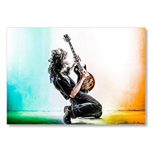 Elektrogitar Solo Uzun Saçlı Gitarist  Mdf Ahşap Tablo 35x50 cm
