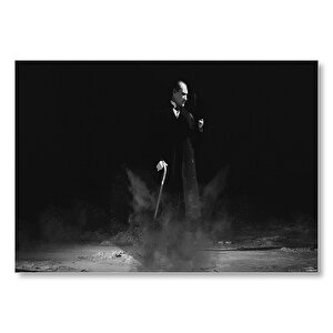 Atatürk Frak Ve Bastonlu Karanlık Mod  Mdf Ahşap Tablo 35x50 cm