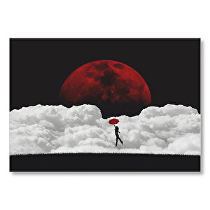 Kızıl Renkli Ay Ve Şemsiyesiyle Uçan Kız  Mdf Ahşap Tablo 35x50 cm