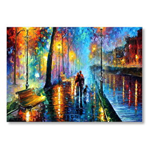 Sokak Lambaları Yürüyen Çift Ve Köpek Yağlı Boya  Mdf Ahşap Tablo 50x70 cm