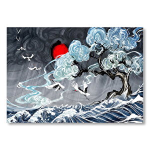 Leylekler Dalgalı Deniz Ağaç Ve Güneş Yağlı Boya  Mdf Ahşap Tablo 25x35 cm
