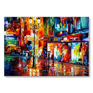 Yağmur Mağaza Işıkları Ve Sokak Lambası Yağlı Boya  Mdf Ahşap Tablo 25x35 cm