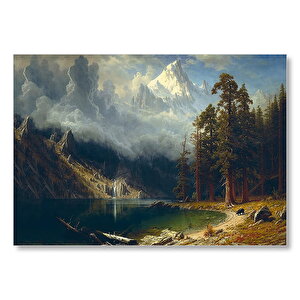 Dağ Gölü, Orman Ve Karlı Zirve Yağlı Boya  Mdf Ahşap Tablo 50x70 cm