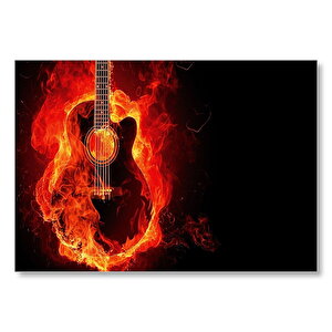 Akustik Gitar Alevler İçinde Karanlık Arka Plan  Mdf Ahşap Tablo 25x35 cm