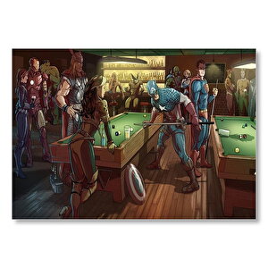 Süper Kahramanlar Bilardo Salonunda  Mdf Ahşap Tablo 25x35 cm