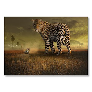 Safaride Turistler Ve Dev Leopar İllüstrasyon  Mdf Ahşap Tablo 35x50 cm