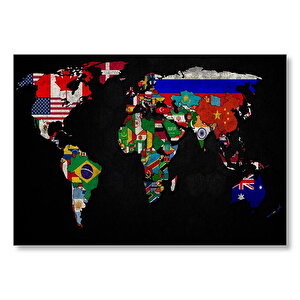 Dünya Haritası Ve Bayraklar  Mdf Ahşap Tablo 50x70 cm