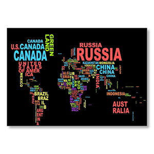 Dünya Haritası Renkli Ülke İsimlerinden Oluşan  Mdf Ahşap Tablo 35x50 cm