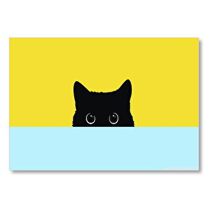 Mavi Sarı Zemin Kara Kedi  Mdf Ahşap Tablo 25x35 cm