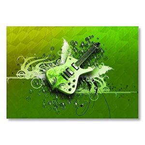 Elektrogitar Ve Soyut Desenler Yeşil Zemin  Mdf Ahşap Tablo 25x35 cm