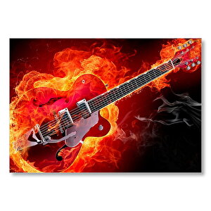 Kırmızı Elektrogitar Alevler İçinde  Mdf Ahşap Tablo 50x70 cm