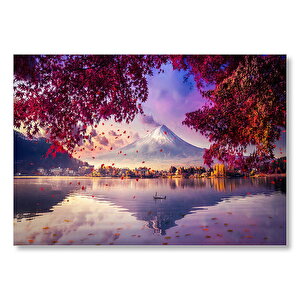 Sonbaharda Göldeki Kayık Ve Karlı Zirve  Mdf Ahşap Tablo 25x35 cm