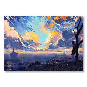 Günbatımı Deniz Yelkenliler Kız Ve Alacalı Gökyüzü  Mdf Ahşap Tablo 35x50 cm