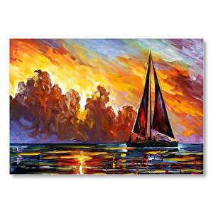 Günbatımı Kızıl Bulutlar Ve Yelkenli Yağlı Boya  Mdf Ahşap Tablo 50x70 cm