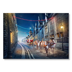 Nostaljik Sokakta Noel Baba Ve Geyikleri  Mdf Ahşap Tablo 50x70 cm