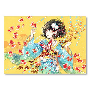 Anime Kimonolu Kız Ve Japon Balıkları  Mdf Ahşap Tablo 50x70 cm