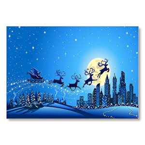 Noel Baba, Geyikler Ve Şehir Manzarası  Mdf Ahşap Tablo 50x70 cm