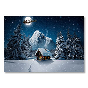 Kulübe Karlı Dağ Geyikler Ve Noel Baba  Mdf Ahşap Tablo 25x35 cm