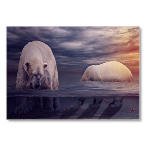 Kutup Ayıları Okyanus Ve Günbatımı  Mdf Ahşap Tablo 50x70 cm