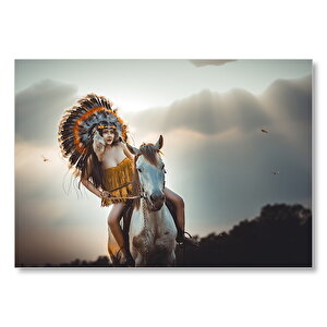 Kızılderili Kostümlü Atlı Kadın  Mdf Ahşap Tablo 50x70 cm