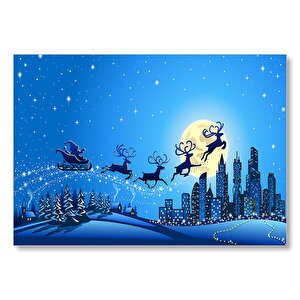 Noel Baba, Geyikler Ve Şehir Manzarası  Mdf Ahşap Tablo 25x35 cm