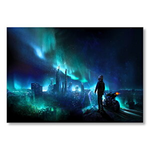 Motorcunun Gece Şehir Ve Gökyüzü Işıkları Manzarası  Mdf Ahşap Tablo 35x50 cm