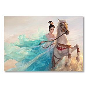 Beyaz Atlı Japon Prensesi  Mdf Ahşap Tablo 25x35 cm