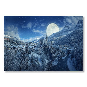Süper Dolunay Ve Karla Kaplı Kasaba  Mdf Ahşap Tablo 35x50 cm