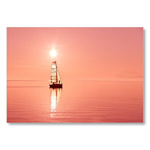 Günbatımında Küçük Yelkenli Ve Kızıl Okyanus  Mdf Ahşap Tablo 50x70 cm