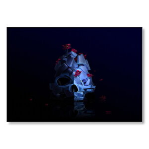 Siyah Zemin Mavi Kuru Kafa Ve Çiçekler  Mdf Ahşap Tablo 35x50 cm
