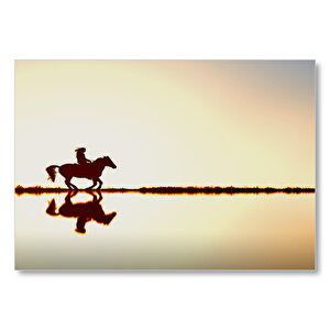 Günbatımı Atlı Kadın Ve Göldeki Yansıması  Mdf Ahşap Tablo 35x50 cm