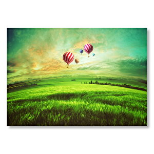 Yeşil Çayırlar Ve Sıcak Hava Balonları  Mdf Ahşap Tablo 35x50 cm