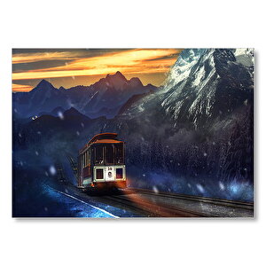 Dağlar Kar Yağışı Ve Tren  Mdf Ahşap Tablo 25x35 cm