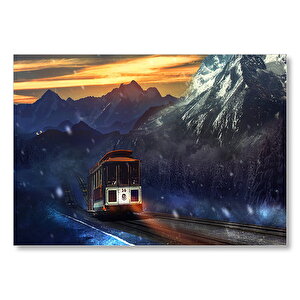Dağlar Kar Yağışı Ve Tren  Mdf Ahşap Tablo 50x70 cm