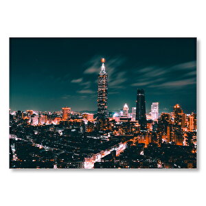Tayvan Taipei Gece Şehir Manzarası  Mdf Ahşap Tablo 25x35 cm