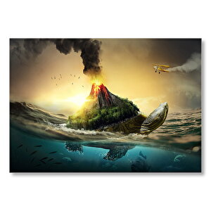 Kaplumbağa Sırtındaki Volkanik Ada İllüstrasyon  Mdf Ahşap Tablo 50x70 cm