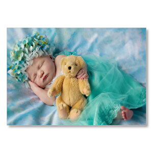 Oyuncak Ayısıyla Uyuyan Bebek  Mdf Ahşap Tablo 35x50 cm