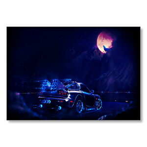 Dolunay Kurt Ve Spor Araba Neon Işıklı  Mdf Ahşap Tablo 25x35 cm